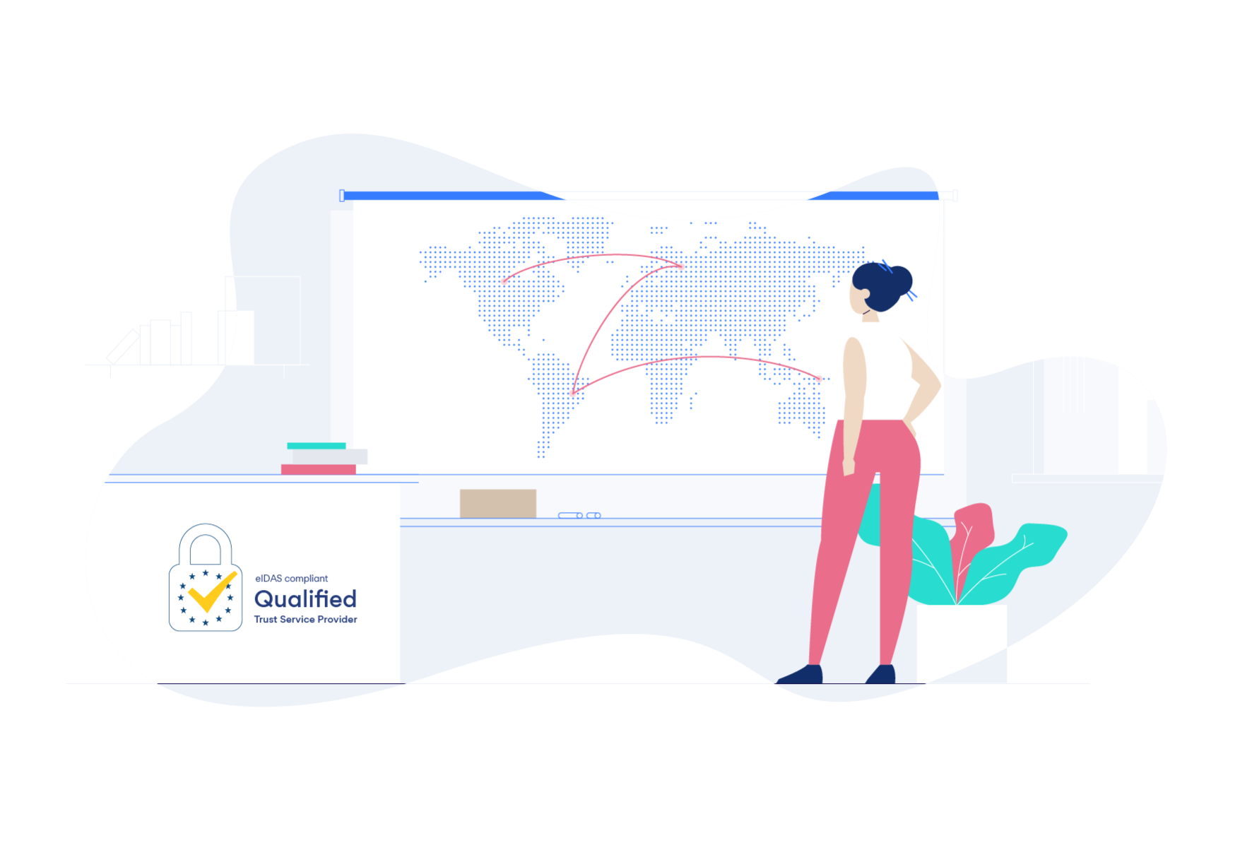 Woman in front of a large screen showing world continents