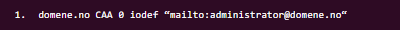 domene.no CAA 0 iodef “mailto:administrator@domene.no“